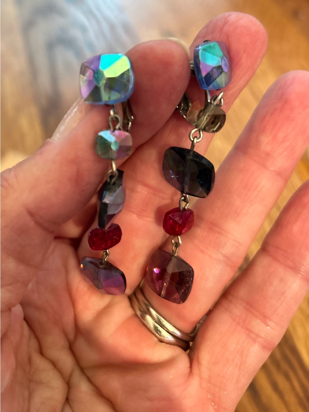 Vintage Multi-Color Faceted Crystal Drop Earrings - Iridescent & Purple
